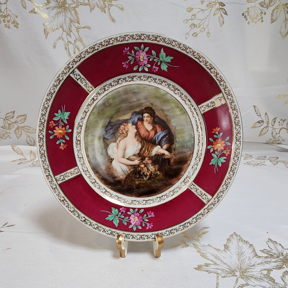 Antique Victoria Czechoslovakia Handpainted Red Porcelain Plate - Gold Trim